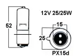 halogen bulb 12V 25/25W, (PX15D)
